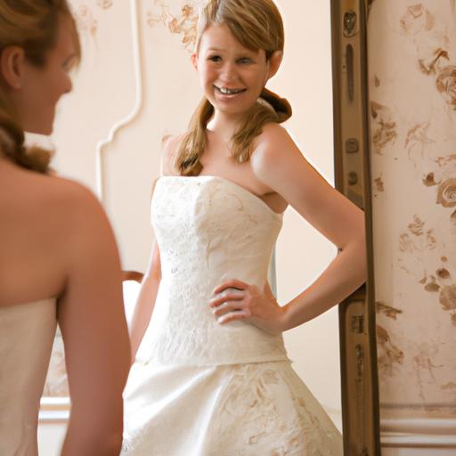 Cô dâu đứng trước gương trong bộ váy cưới của mình