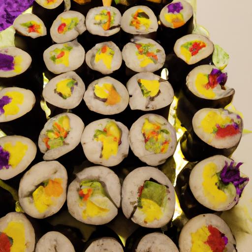 Đĩa sushi rau củ được bày trí đẹp mắt.