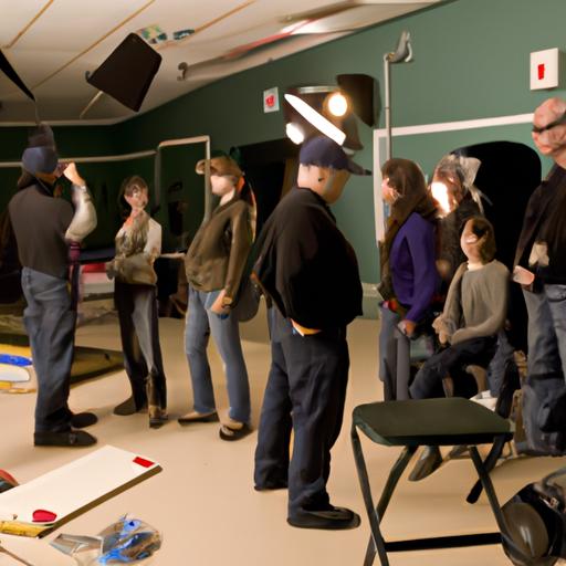Đoàn diễn viên và nhân viên chuẩn bị cho một cảnh quay tại phim trường Long Island