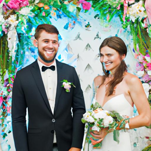 Đôi uyên ương hạnh phúc đứng trước bàn thờ cưới được trang trí bằng hoa