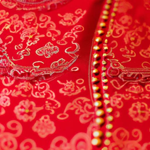 Gần cảnh chi tiết thêu tinh xảo trên bộ váy cưới Trung Quốc màu đỏ