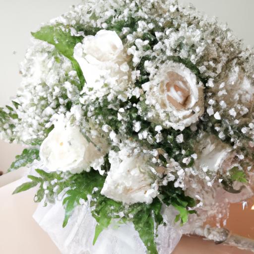 Bó hoa cưới lãng mạn với hoa baby's breath và hoa hồng cho đám cưới cổ điển