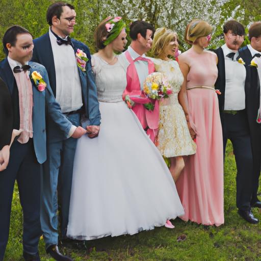 Một nhóm khách mời cưới mặc trang phục dự tiệc hiện đại.