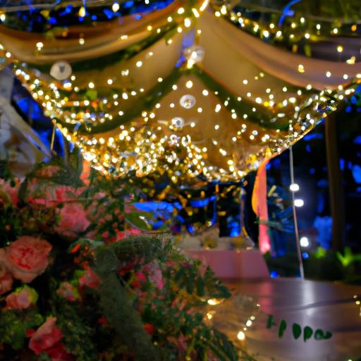Một không gian tiệc cưới ngoài trời đẹp mắt, tràn ngập hoa và ánh sáng lung linh tại tiệc cưới ngoài trời giá rẻ tphcm