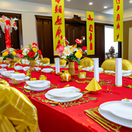 Không gian tiệc cưới được trang hoàng đẹp mắt với những gam màu đỏ và vàng trong đám cưới đầu xuân tuấn vũ