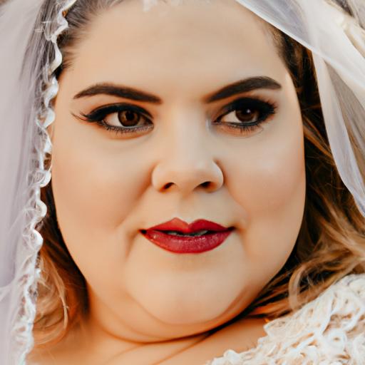 Bức ảnh chụp khá gần khuôn mặt của cô dâu mập lùn với trang điểm tự nhiên và một chiếc vải voan.