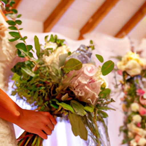 Cô dâu cầm bó hoa đứng trước bàn thờ đám cưới