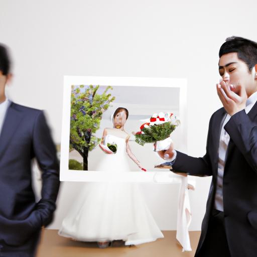 Một người đàn ông và một người phụ nữ cãi nhau trước bức ảnh cưới