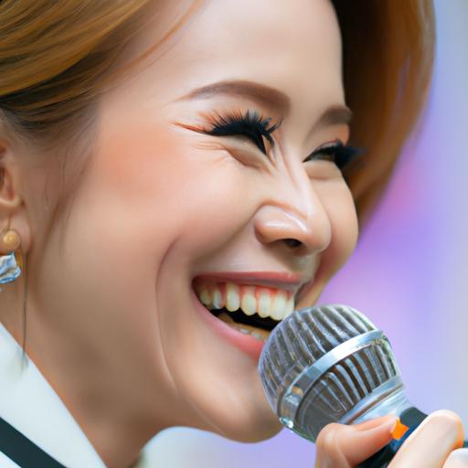 Gần cảnh MC Thu Hoài cầm micro và mỉm cười.
