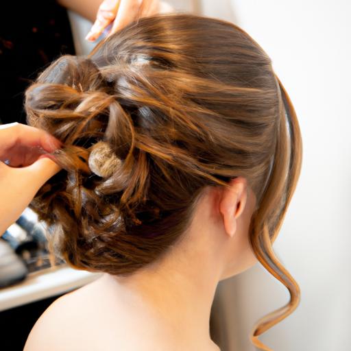 Nghệ nhân tạo mẫu tóc đang tạo kiểu updo thanh lịch cho cô dâu trong salon.