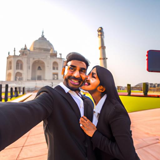 Cặp đôi mới cưới chụp ảnh selfie trước một công trình kiến trúc nổi tiếng