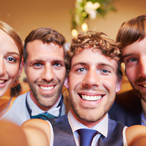 Một nhóm bạn trẻ vui vẻ chụp ảnh selfie tại bữa tiệc đám cưới của người bạn thân