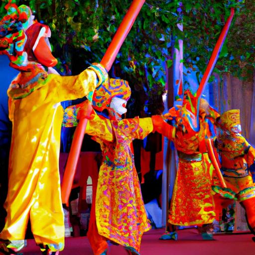 Đội ngũ nghệ sĩ mặc trang phục và trang điểm sặc sỡ, biểu diễn múa và hát trong sự kiện cải lương áo cưới trước cổng chùa