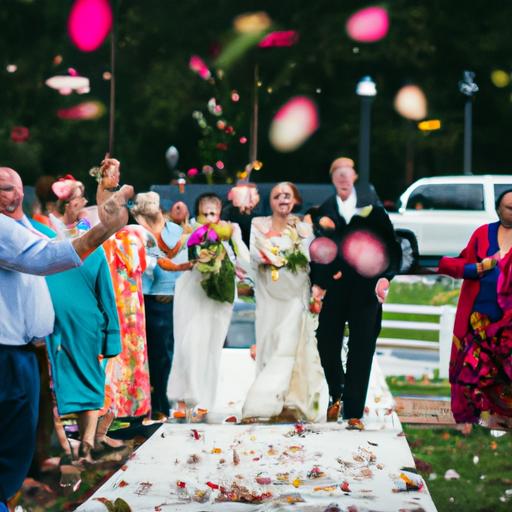 Nhóm khách mời tung cánh hoa chúc mừng cặp đôi mới cưới khi họ đi qua lối đi