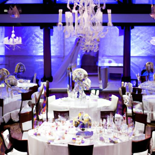 Không gian sang trọng và đèn chiếu sáng tinh tế tại nơi tổ chức đám cưới trong nhà.