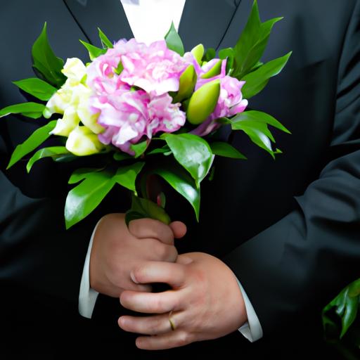 Phong cách lịch sự và sang trọng với bộ vest đen cùng bó hoa tay cho chàng trai đến dự đám cưới.