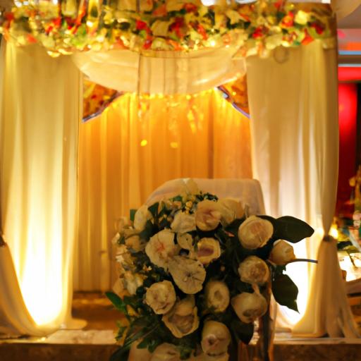 Sân khấu đám cưới cổ điển với sắp xếp hoa tinh tế và ánh sáng ấm áp.