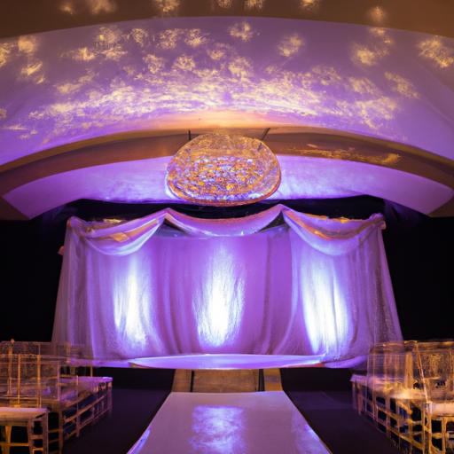 Sân khấu đám cưới ở quê rộng rãi với đèn trang trí tinh tế.