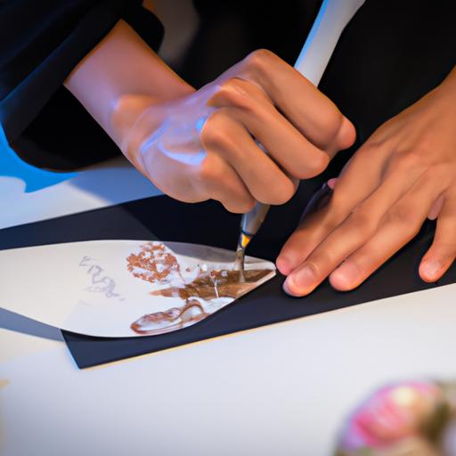 Một bức ảnh chụp cận cảnh tay người viết thư pháp trên phong bì đám cưới.