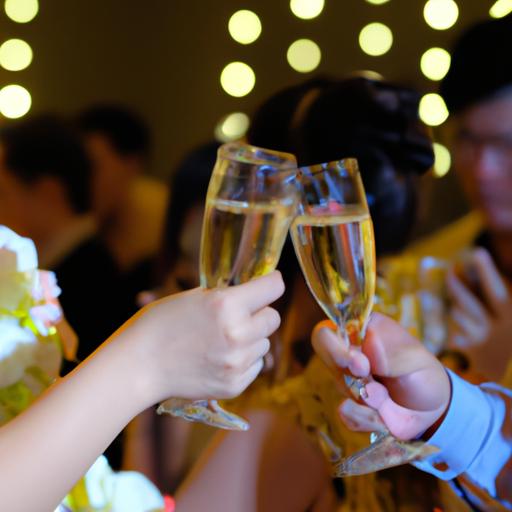 Cặp đôi cùng khách mời nâng ly rượu sâm panh trong buổi tiệc cưới ở quận Tân Phú.