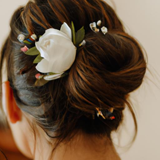 Kiểu tóc búi cao với hoa trang trí cho cô dâu
