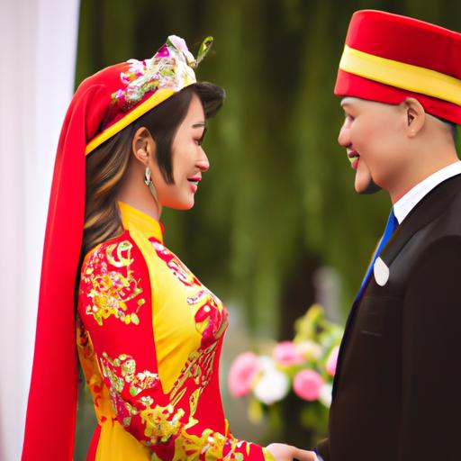 Cô dâu chú rể trong trang phục cưới truyền thống Việt Nam trao lời hứa.