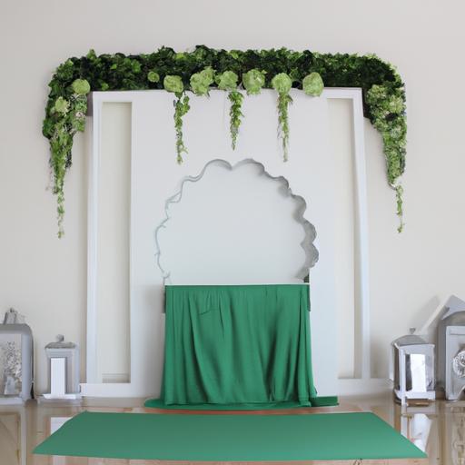 Thiết kế trang trí phòng cưới tối giản với tông màu trắng và xanh lá cây, kết hợp hình học và các yếu tố tự nhiên.