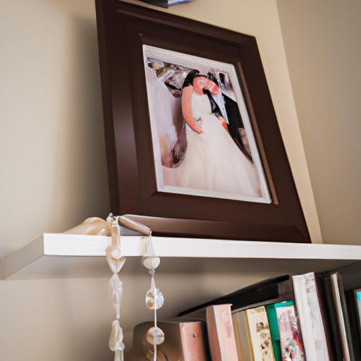 Chủ đề: Vị trí treo ảnh cưới trong phòng ngủ. Góc chụp gần của bức ảnh cưới được treo trên kệ sách trong phòng ngủ.