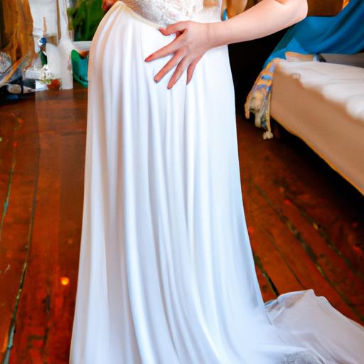 Cô dâu mang thai thử chiếc váy cưới eo cao xòe nhẹ với chi tiết ren.