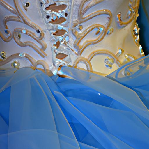 Váy cưới công chúa màu xanh với chi tiết ren tinh tế và một chân váy xoè nhẹ.