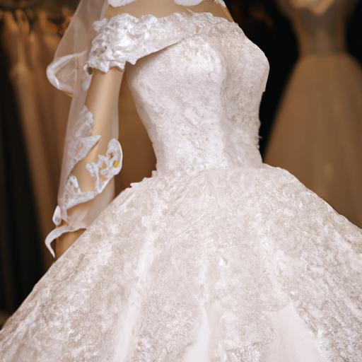Một chiếc váy cưới dáng xòe rực rỡ với cổ áo hình tim và váy tulle đầy đủ.
