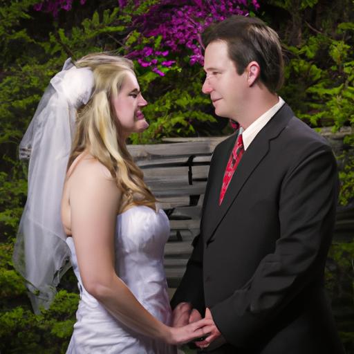 Một cô dâu và chú rể nắm tay nhau và nhìn vào đôi mắt của nhau, đứng trước một khung cảnh đẹp.