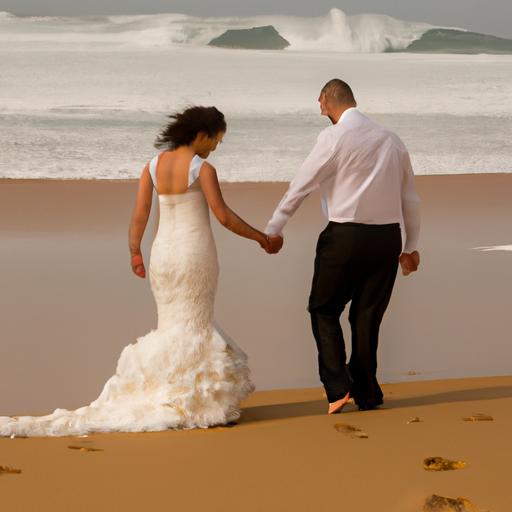 Cô dâu chú rể tay trong tay đi bộ trên bãi biển cát trắng với sóng biển vỗ về phía sau