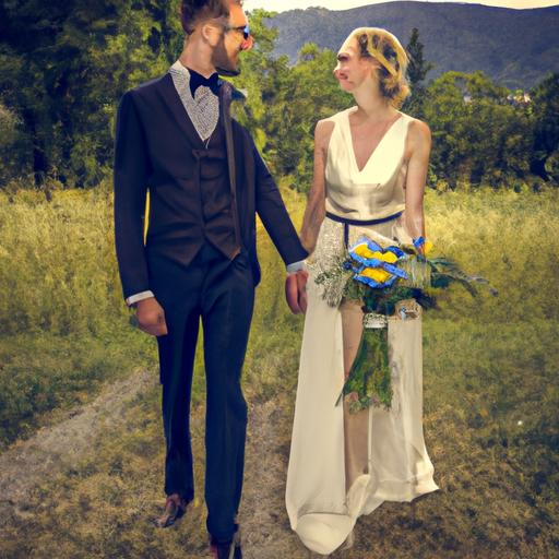 Bức ảnh cưới ngoài trời đẹp với cặp đôi trong trang phục vintage, bao quanh bởi thiên nhiên.