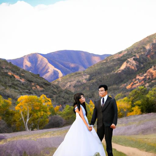 Cặp đôi chụp ảnh cưới ngoài trời với cảnh quan đẹp như mơ làm nền.