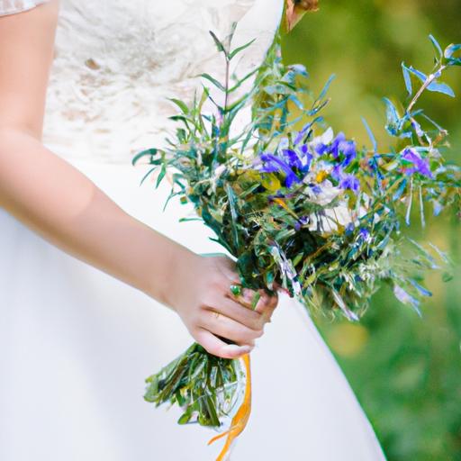 Gần gũi khoảnh khắc tay cô dâu cầm bó hoa hoang dã với phông nền lờ mờ của cây cối.
