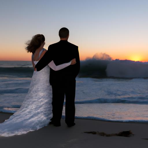 Hai cô dâu chú rể đứng trên bãi biển với những đợt sóng vỗ phía sau vào lúc hoàng hôn.