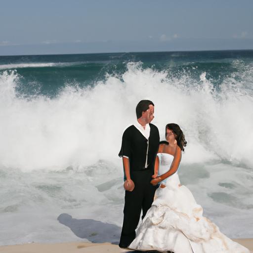 Cô dâu chú rể đứng trên bãi biển cát, với những cơn sóng vỗ đến phía sau