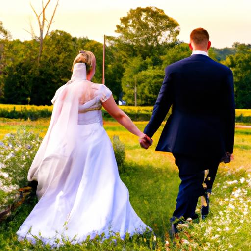 Cô dâu và chú rể nắm tay nhau đi qua đồng hoa trong bộ ảnh cưới của họ.
