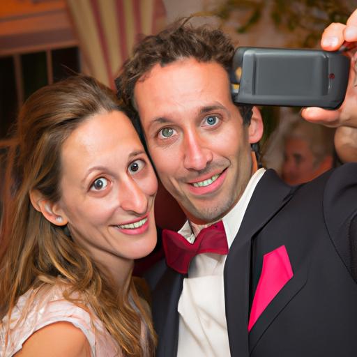 Đôi vợ chồng mặc trang phục đầy trang trọng chụp ảnh selfie tại tiệc cưới.