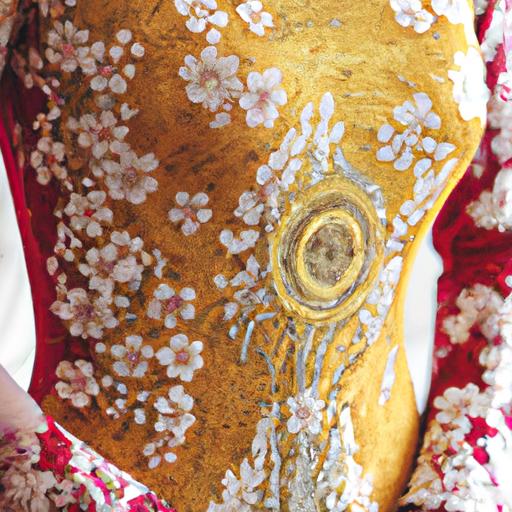 Gần cận nhìn vào các đường thêu tinh xảo trên bộ áo dài cưới đẹp.