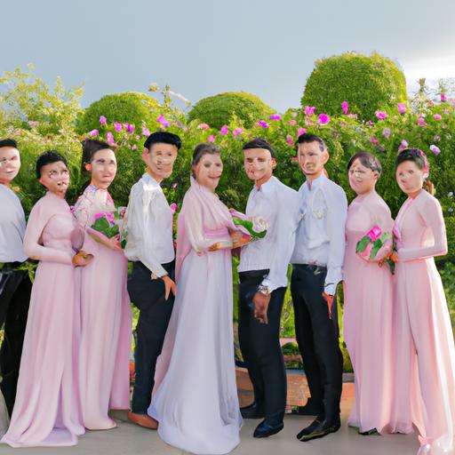 Nhóm phù dâu trong bộ váy áo dài cùng màu sắc nhạt, đứng bên cạnh cô dâu và chú rể. Họ tất cả đều tuyệt đẹp và sang trọng cho buổi lễ cưới.