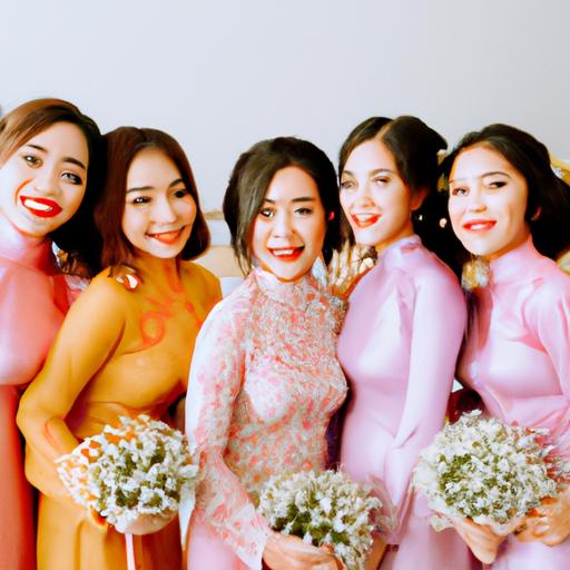 Nhóm phụ dâu mặc áo dài dự tiệc cưới với nhiều màu sắc khác nhau