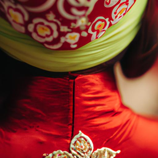 Cô dâu mặc áo dài truyền thống Việt Nam với đầu đội mão đỏ và đính nổi hoa văn tinh xảo.