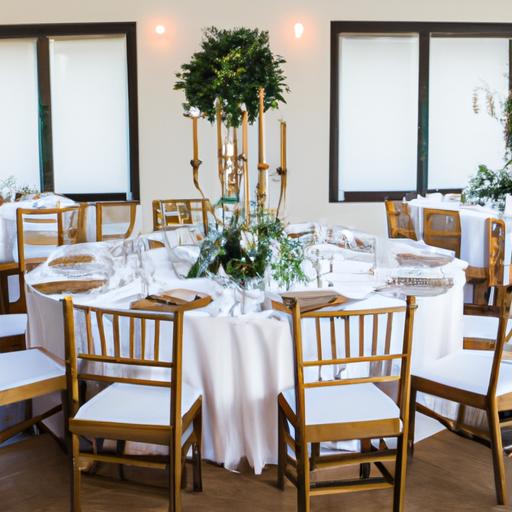 Bàn tiệc được trang trí bằng hoa, nến và bộ đồ ăn đẹp mắt tại tiệc cưới. Bàn tiệc được bao quanh bởi những chiếc ghế được phủ bằng vải trắng và thắt nơ vàng.