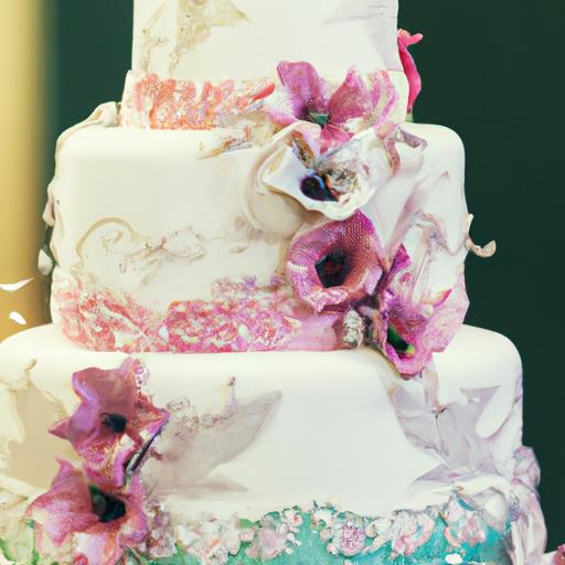 Một tấm gần của chiếc bánh cưới đẹp với những chi tiết và trang trí tinh xảo.