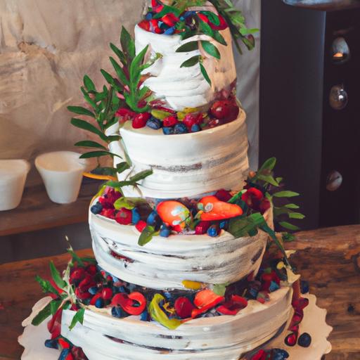 Chiếc bánh cưới lãng mạn được trang trí bằng trái cây tươi.