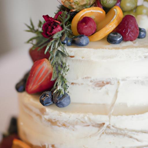 Bánh kem cưới 1 tầng với thiết kế đồng quê, phủ kem bơ và trang trí trái cây tươi