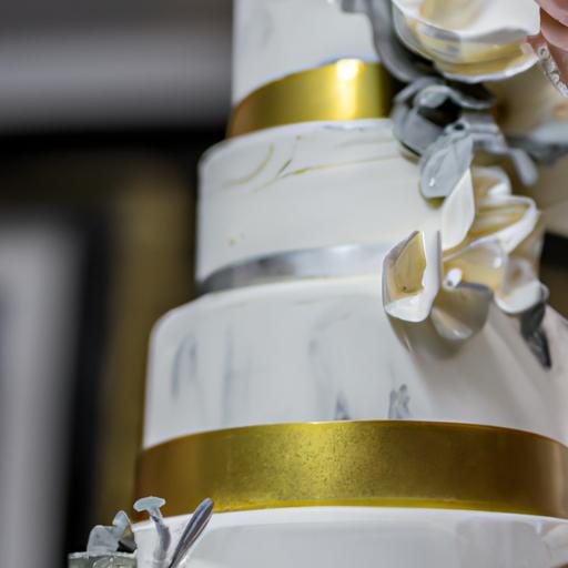 Gần cận chi tiết chiếc bánh kem hai tầng đám cưới với những chi tiết mạ vàng tinh tế.