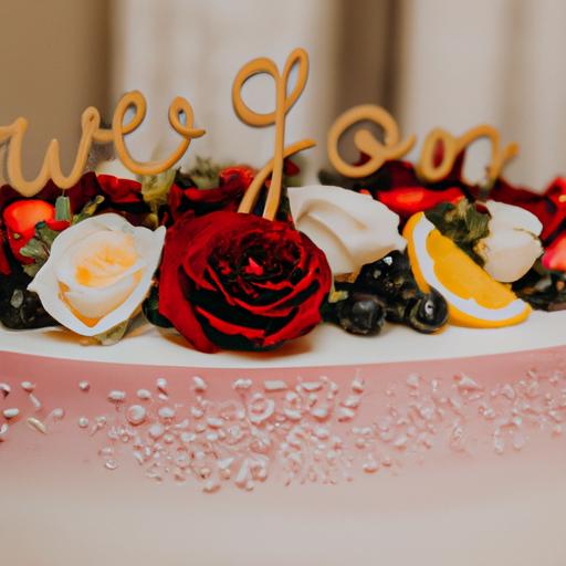 Bánh kỷ niệm ngày cưới được trang trí đẹp mắt với hoa và trái cây